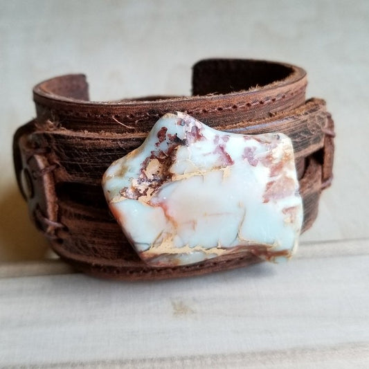 Aqua Terra Slab on Dusty Leather Cuff Bracelet - lolaluxeshop