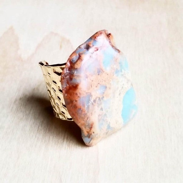 Chunky Aqua Terra Slab on Hammered Cuff Ring Base - lolaluxeshop