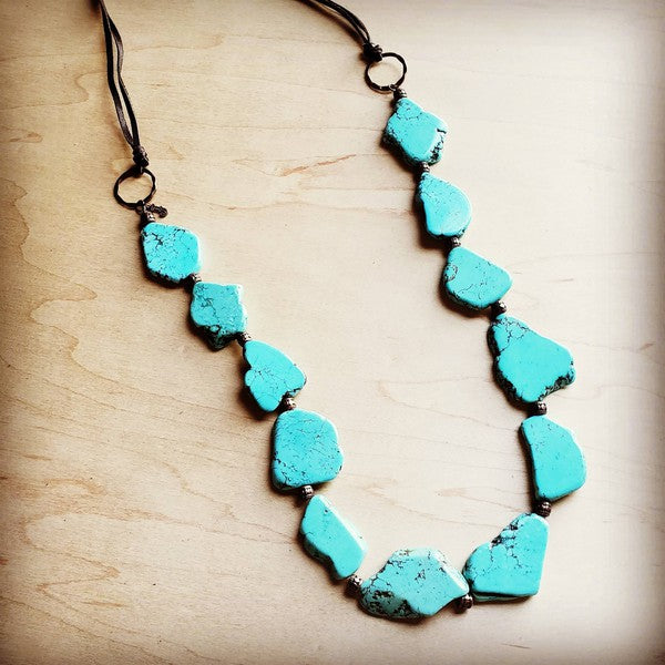 Blue Turquoise Slab Necklace with Leather Ties - lolaluxeshop