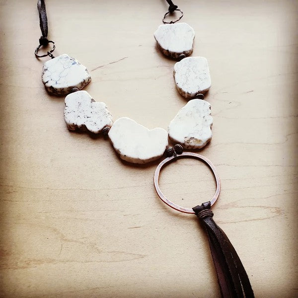 White Turquoise Necklace with Long Leather Tassel - lolaluxeshop