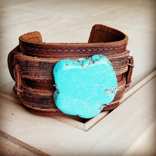 Blue Turquoise Slab on Dusty Leather Cuff - lolaluxeshop