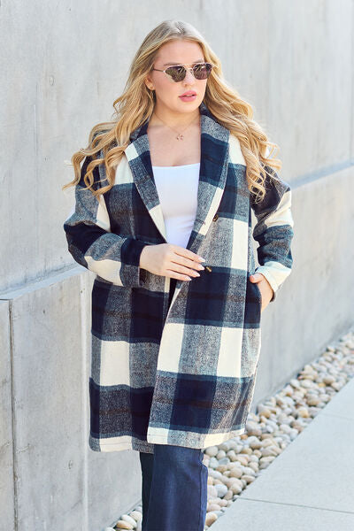 Double Take Full Size Plaid Button Up Lapel Collar Coat - lolaluxeshop