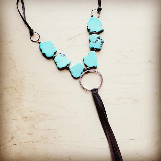 Turquoise Slab Necklace w Genuine Leather Tassel - lolaluxeshop