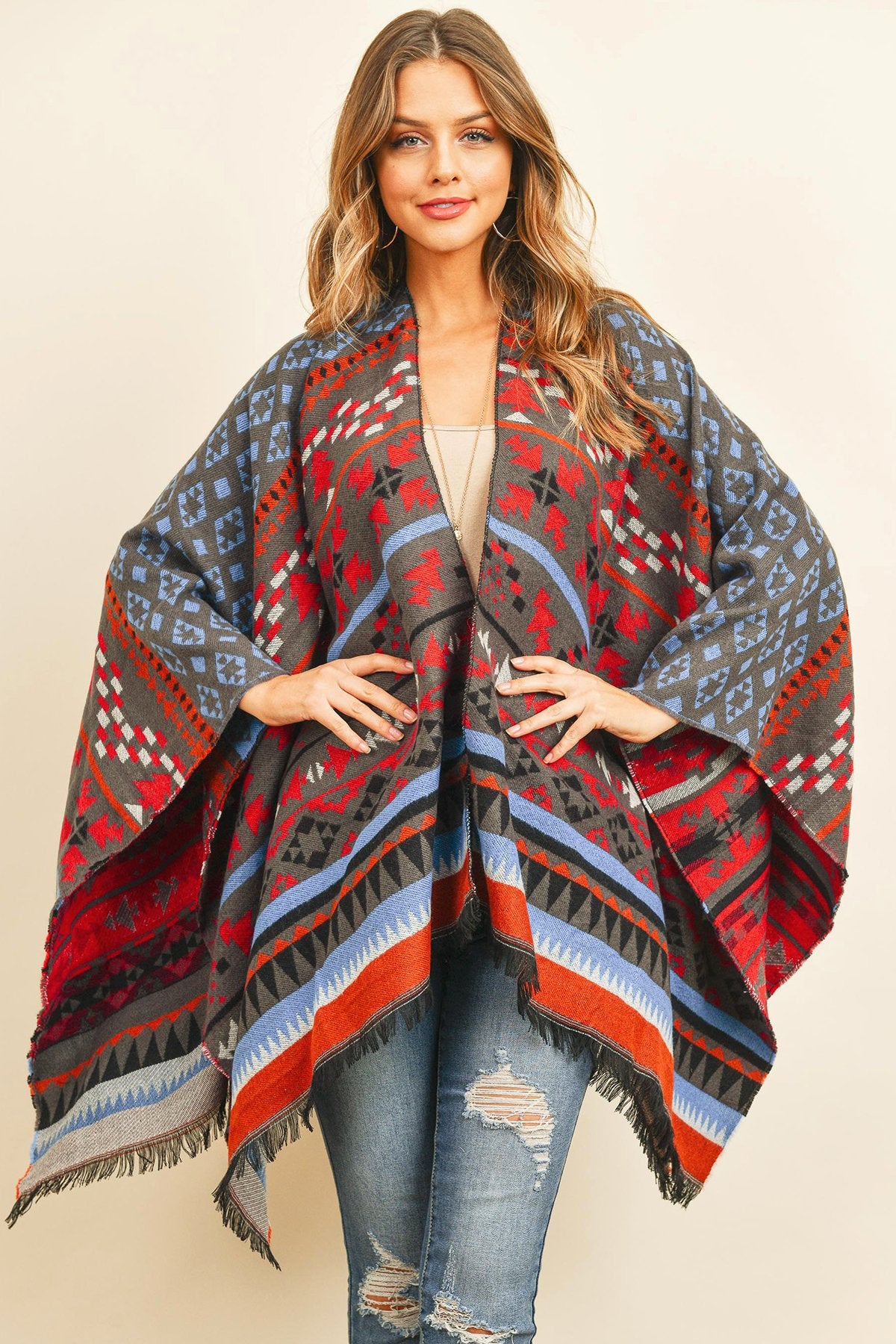 Hdf3148 - Native Pattern Open Front Kimono - LOLA LUXE