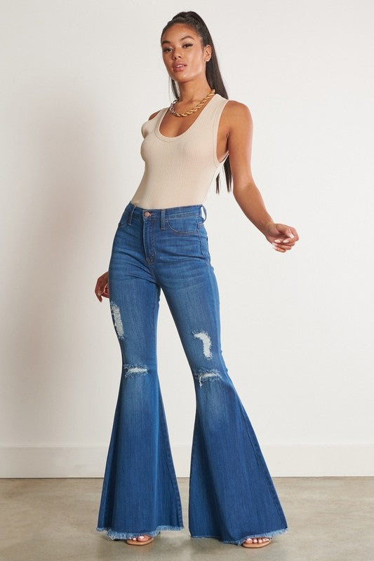 HIGH WAISTED DISTRESSED FLARE - LOLA LUXE