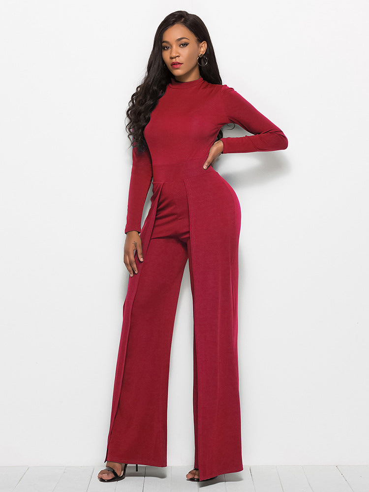 Long Sleeve Mock Neck Wide Leg Jumpsuit - LOLA LUXE