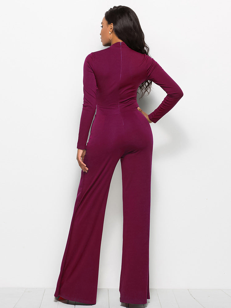 Long Sleeve Mock Neck Wide Leg Jumpsuit - LOLA LUXE