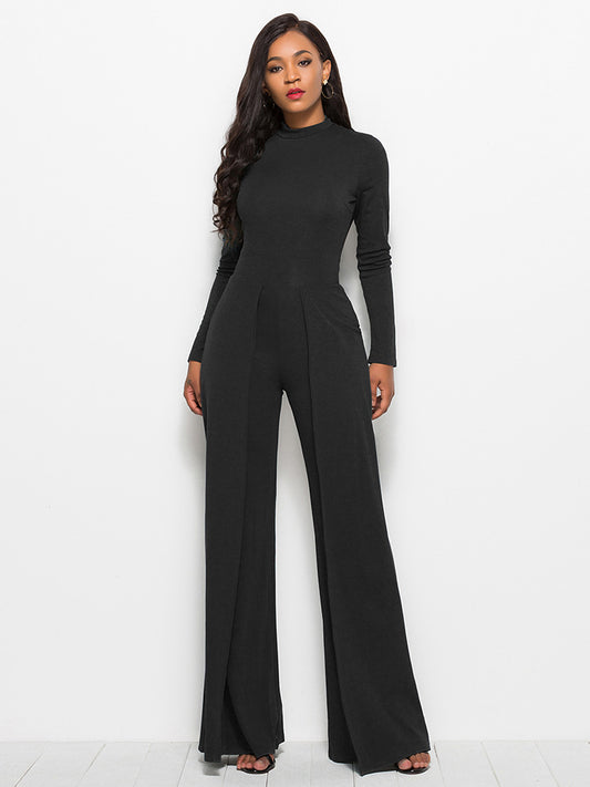 Long Sleeve Mock Neck Wide Leg Jumpsuit - LOLA LUXE