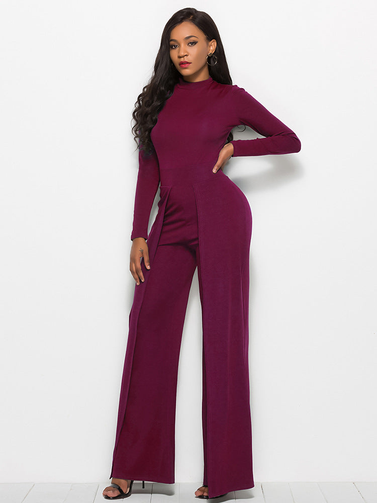 Long Sleeve Mock Neck Wide Leg Jumpsuit - LOLA LUXE