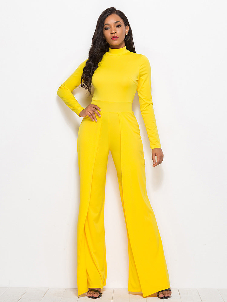 Long Sleeve Mock Neck Wide Leg Jumpsuit - LOLA LUXE