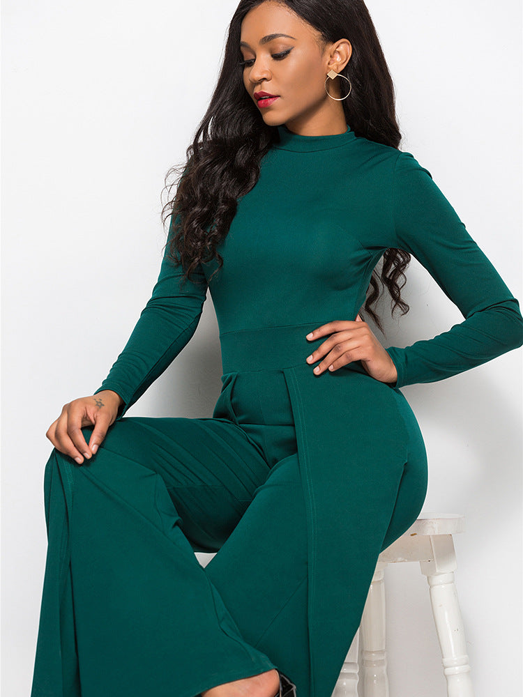 Long Sleeve Mock Neck Wide Leg Jumpsuit - LOLA LUXE