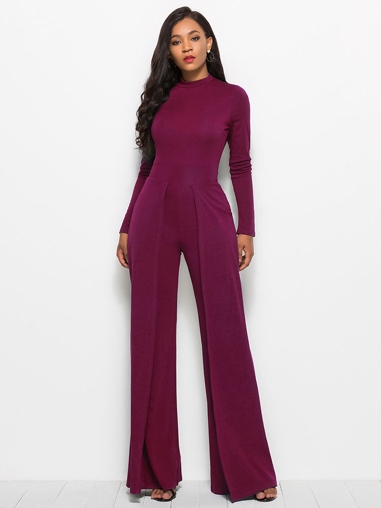 Long Sleeve Mock Neck Wide Leg Jumpsuit - LOLA LUXE