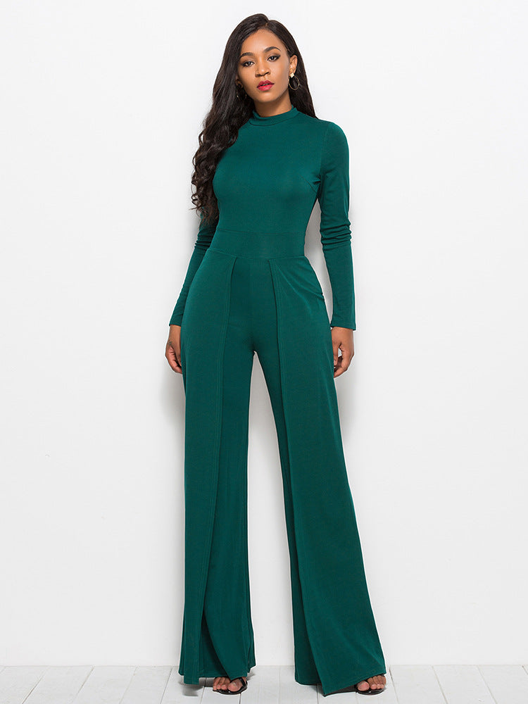 Long Sleeve Mock Neck Wide Leg Jumpsuit - LOLA LUXE