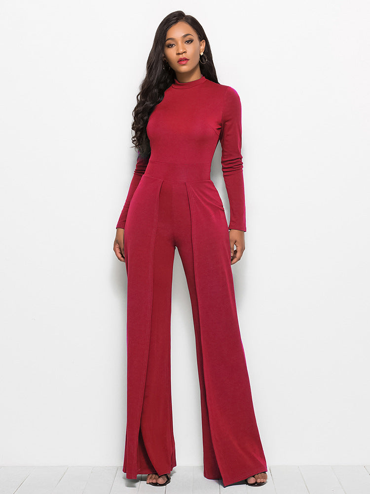 Long Sleeve Mock Neck Wide Leg Jumpsuit - LOLA LUXE