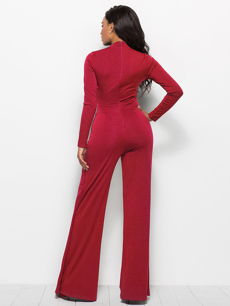 Long Sleeve Mock Neck Wide Leg Jumpsuit - LOLA LUXE