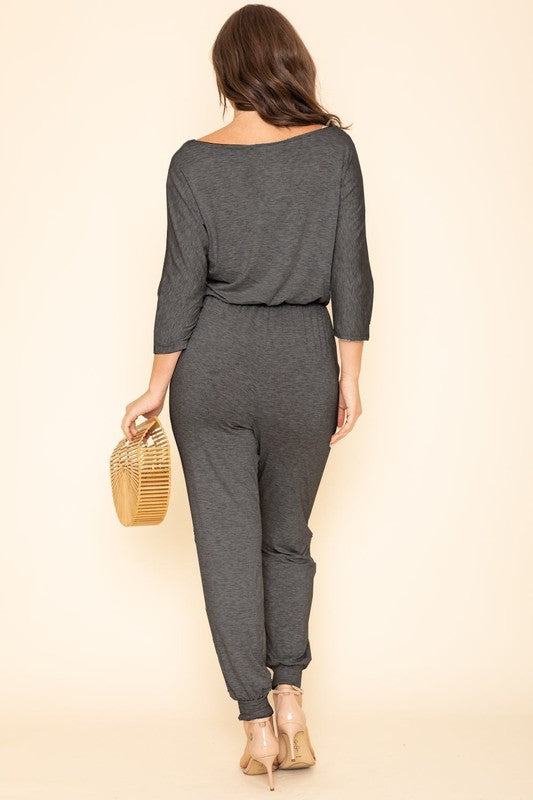 Quarter Sleeve Boat Neck Blouson Jumpsuit - LOLA LUXE