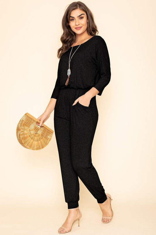 Quarter Sleeve Boat Neck Blouson Jumpsuit - LOLA LUXE