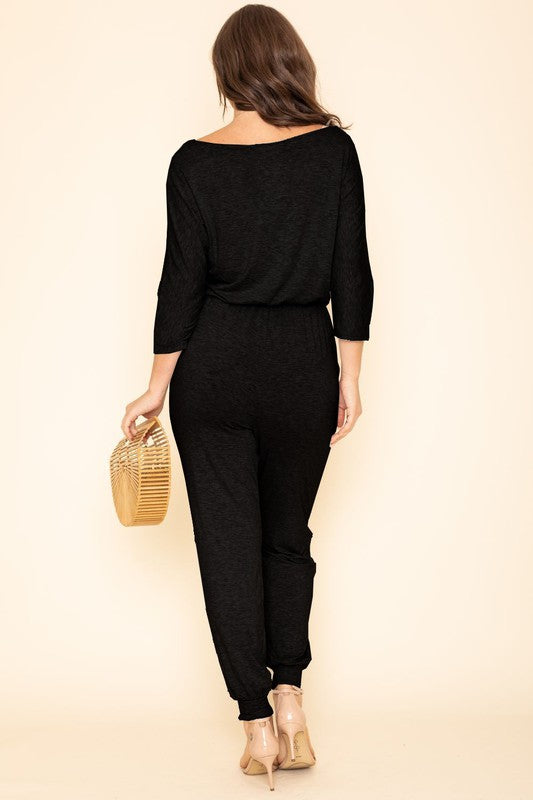 Quarter Sleeve Boat Neck Blouson Jumpsuit - LOLA LUXE