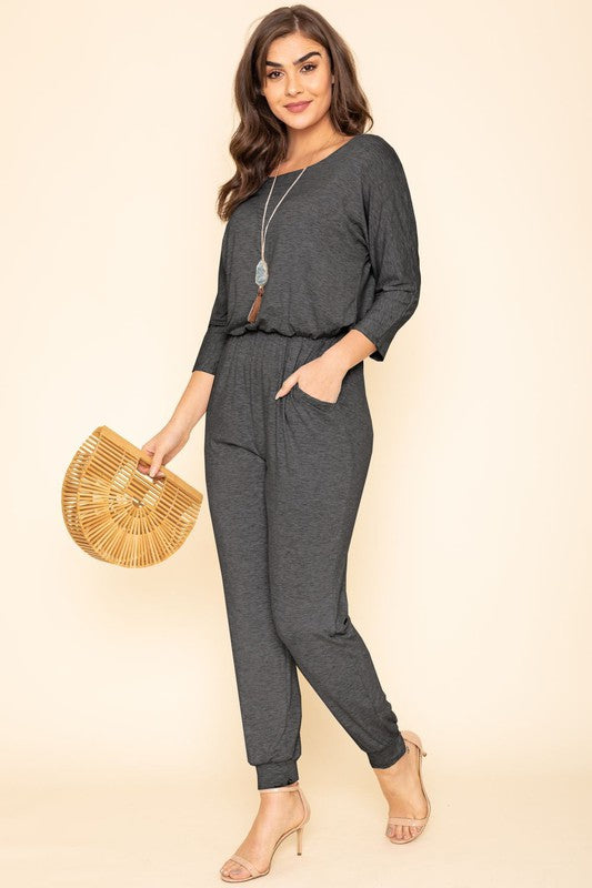 Quarter Sleeve Boat Neck Blouson Jumpsuit - LOLA LUXE