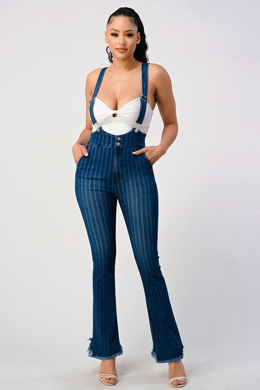 HIGH WAIST STRIPED STRETCH FLARED DENIM JUMPSUIT - lolaluxeshop