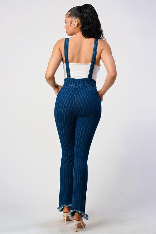 HIGH WAIST STRIPED STRETCH FLARED DENIM JUMPSUIT - lolaluxeshop