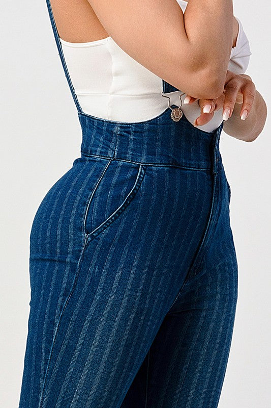 HIGH WAIST STRIPED STRETCH FLARED DENIM JUMPSUIT - lolaluxeshop