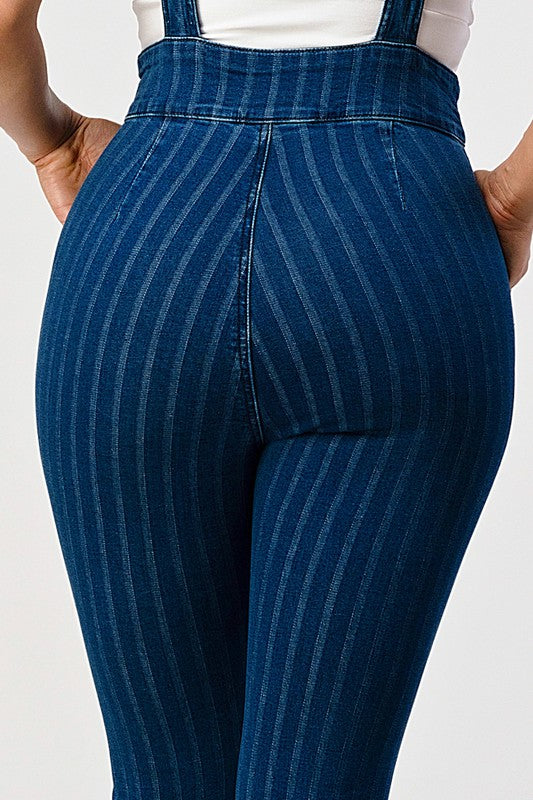 HIGH WAIST STRIPED STRETCH FLARED DENIM JUMPSUIT - lolaluxeshop