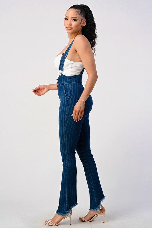 HIGH WAIST STRIPED STRETCH FLARED DENIM JUMPSUIT - lolaluxeshop