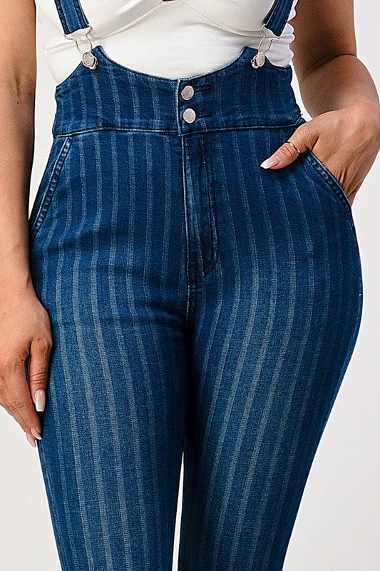 HIGH WAIST STRIPED STRETCH FLARED DENIM JUMPSUIT - lolaluxeshop