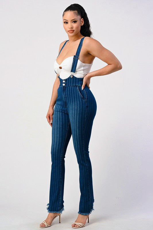 HIGH WAIST STRIPED STRETCH FLARED DENIM JUMPSUIT - lolaluxeshop