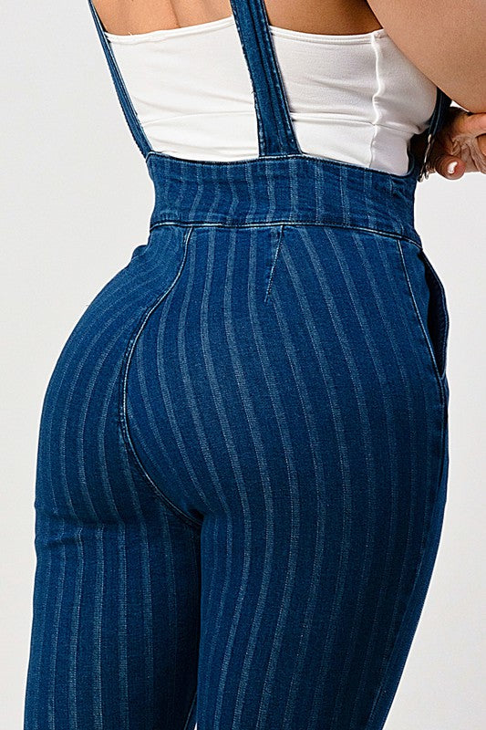 HIGH WAIST STRIPED STRETCH FLARED DENIM JUMPSUIT - lolaluxeshop