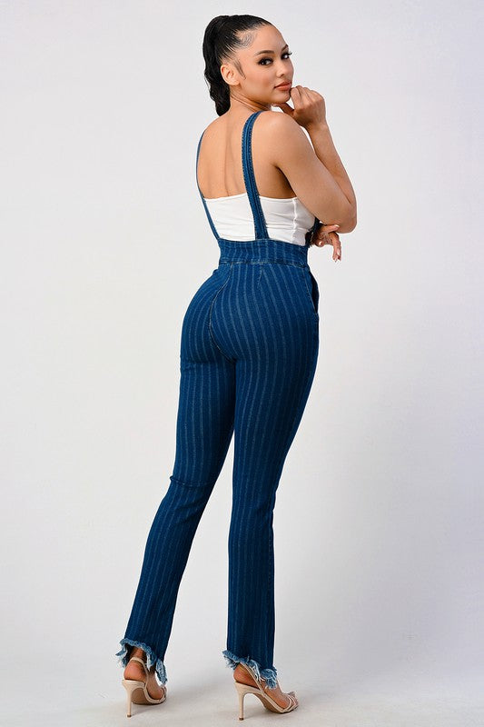 HIGH WAIST STRIPED STRETCH FLARED DENIM JUMPSUIT - lolaluxeshop