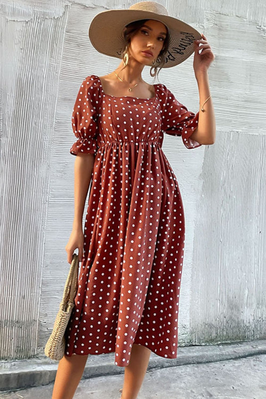 Polka Dot Square Neck Flounce Sleeve Dress - LOLA LUXE