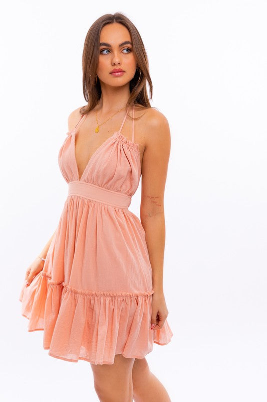 HALTER BABYDOLL TIERED MINI DRESS - LOLA LUXE