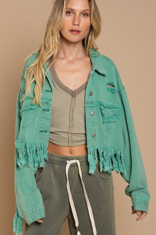 Fringe Distressed Crop Denim Jacket - LOLA LUXE