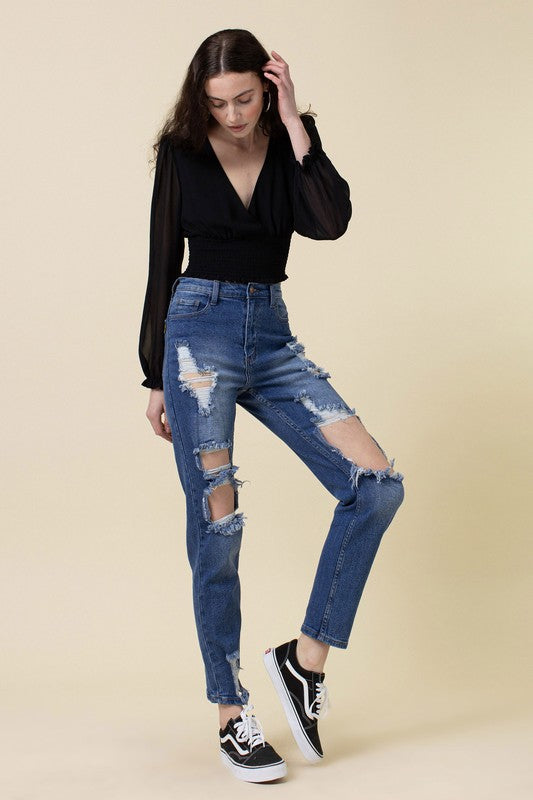 High Rise Distressed Mom Jean - LOLA LUXE