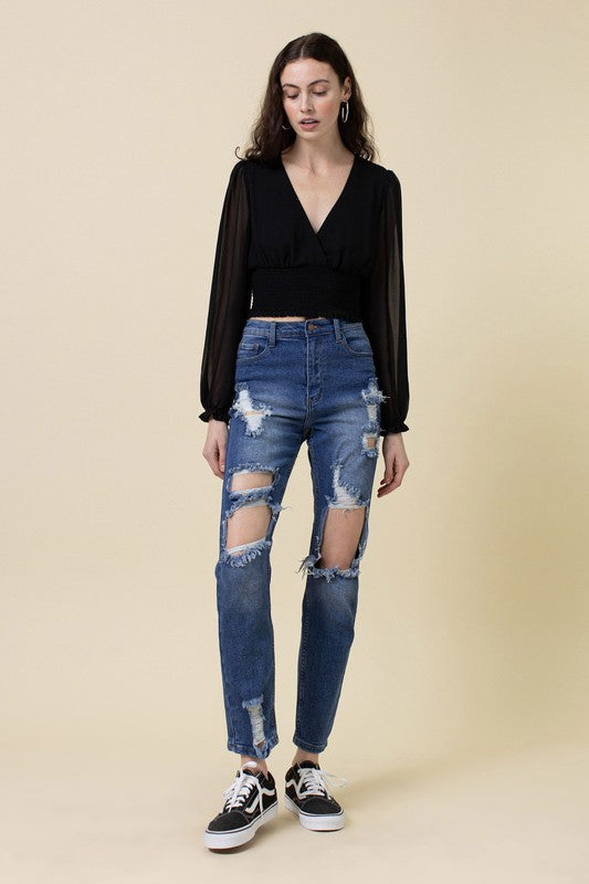 High Rise Distressed Mom Jean - LOLA LUXE