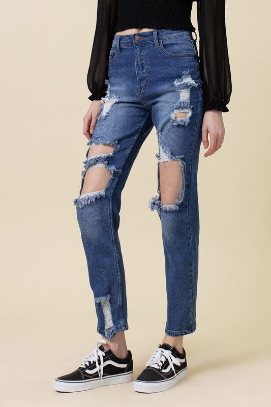 High Rise Distressed Mom Jean - LOLA LUXE