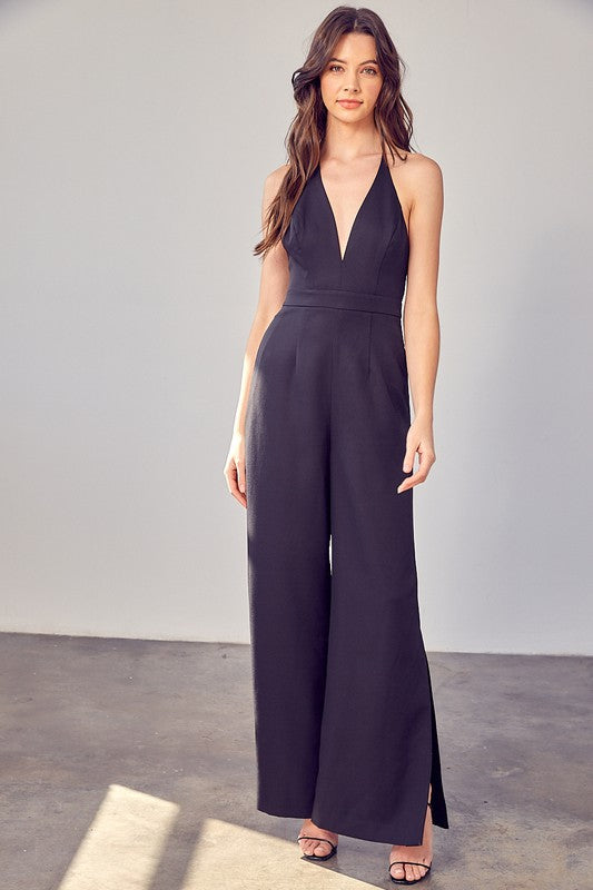 DEEP V NECK WIDE LEG JUMPSUIT - LOLA LUXE