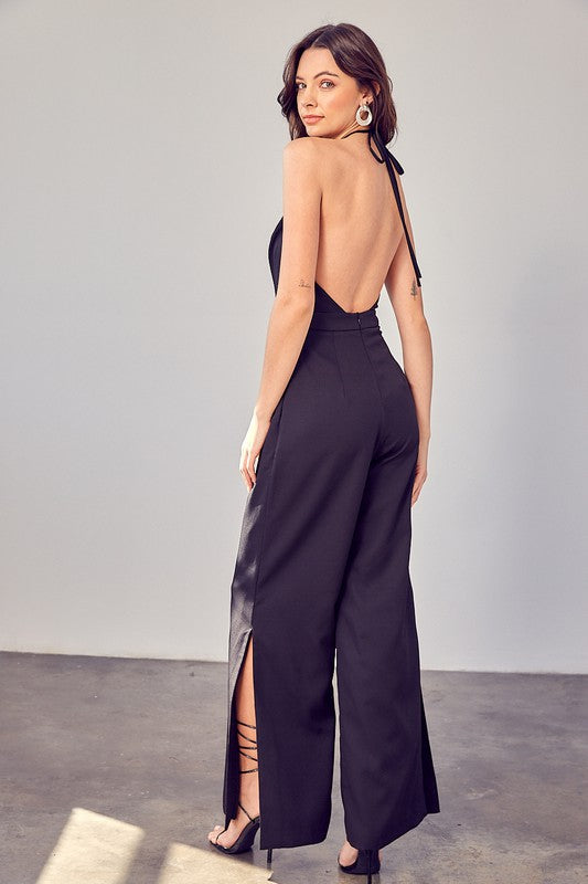 DEEP V NECK WIDE LEG JUMPSUIT - LOLA LUXE