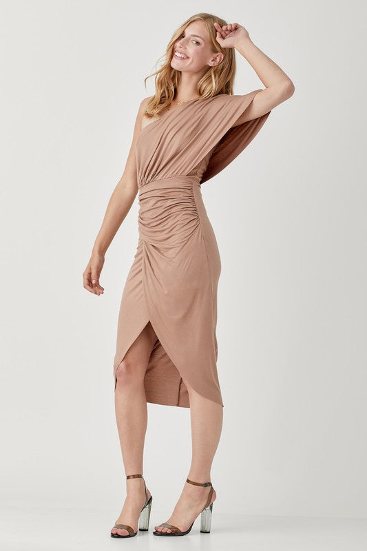 ONE SHOULDER DRAPE JERSEY DRESS - LOLA LUXE