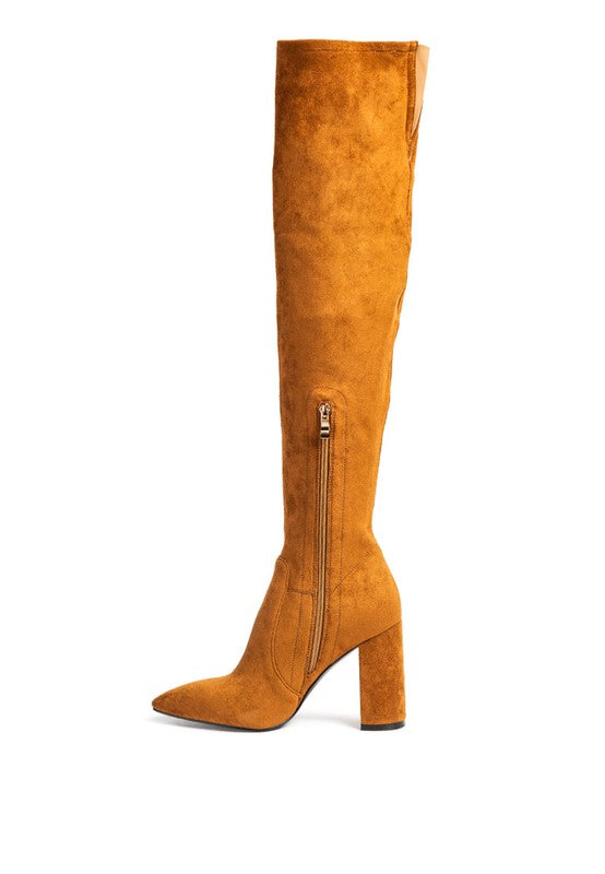 LONDON RAG KNEE HIGH PRINT BLOCK HEELED BOOT - lolaluxeshop