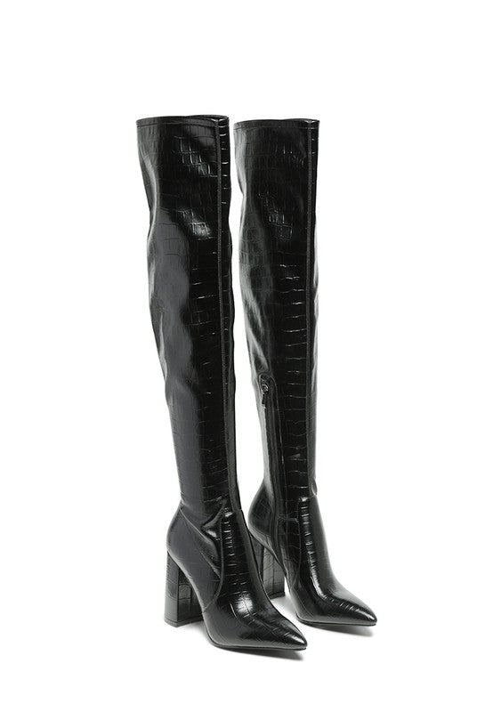 LONDON RAG KNEE HIGH PRINT BLOCK HEELED BOOT - lolaluxeshop