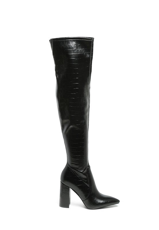 LONDON RAG KNEE HIGH PRINT BLOCK HEELED BOOT - lolaluxeshop