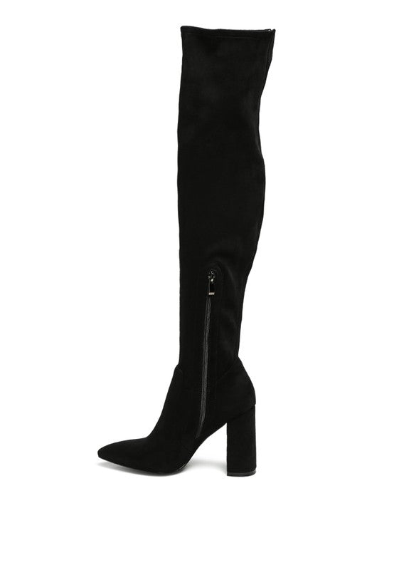 LONDON RAG KNEE HIGH PRINT BLOCK HEELED BOOT - lolaluxeshop