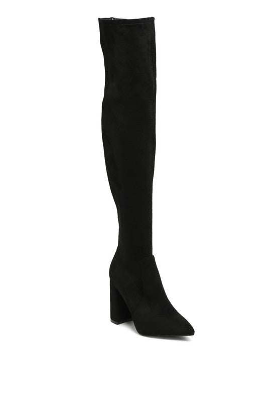 LONDON RAG KNEE HIGH PRINT BLOCK HEELED BOOT - lolaluxeshop