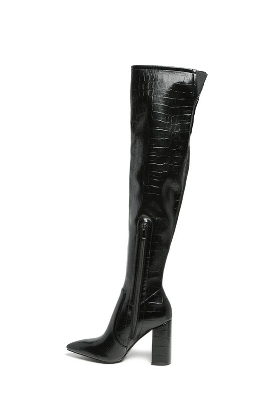 LONDON RAG KNEE HIGH PRINT BLOCK HEELED BOOT - lolaluxeshop