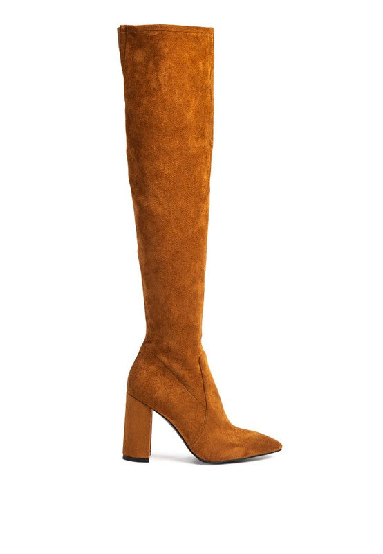 LONDON RAG KNEE HIGH PRINT BLOCK HEELED BOOT - lolaluxeshop