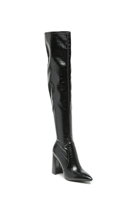 LONDON RAG KNEE HIGH PRINT BLOCK HEELED BOOT - lolaluxeshop