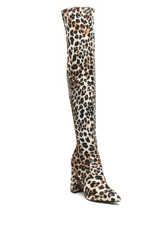 LONDON RAG KNEE HIGH PRINT BLOCK HEELED BOOT - lolaluxeshop